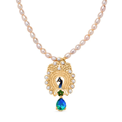 D'Joy Pfau Quarz Triplette, Pfirsich Perle (4-4.5mm) Halskette ca. 45 cm 925 Silber 750 Gelbgold Vermeil