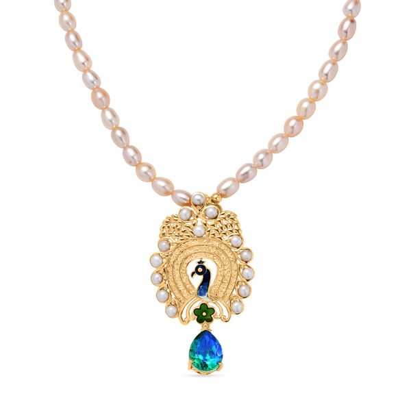 D'Joy Pfau Triplett Quarz, Pfirsich- und S&uuml;&szlig;wasser Perle 45cm Halskette