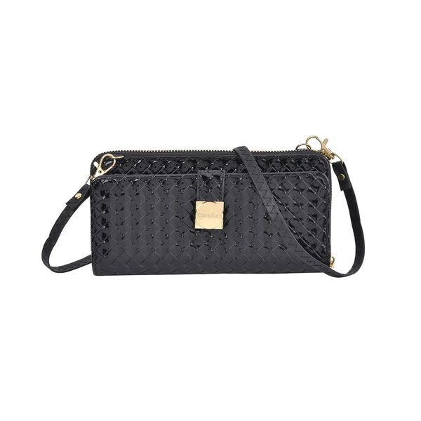 CLOSE OUT - gewebter Crossbody gl&auml;nzend Tasche, Multif&auml;cher, 20x10 cm, Schwarz