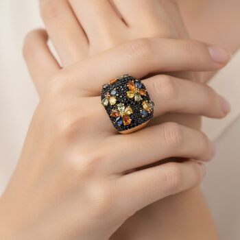 D'Joy Mehrfarbig Saphir, Schwarzer Spinell Ring 925 Silber 750 Gelbgold Vermeil (Gr&ouml;&szlig;e 20.00) ca. 5,71 ct