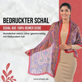Bedruckter Schal aus 100% Seide, Mehrfarbiges Muster mit blauer und rosa Bordüre, 70x200 cm