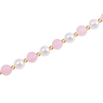 Rosenquarz, Wei&szlig;e Muschelkernperle (7-9 mm) Halskette ca. 45 cm+ 5 cm Extender gelb vergoldet