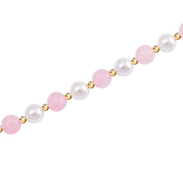 Rosenquarz, Wei&szlig;e Muschelkernperle (7-9 mm) Halskette ca. 45 cm+ 5 cm Extender gelb vergoldet image number 3