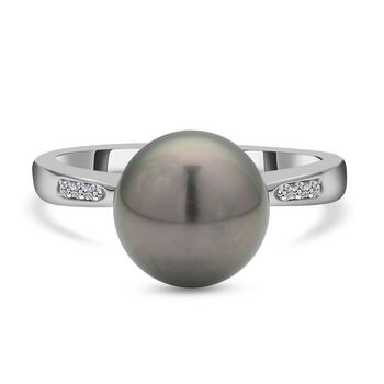 Tahiti Perle und wei&szlig;er Zirkon-Ring, 10-11mm, 925 Silber rhodiniert (Gr&ouml;&szlig;e 17.00)