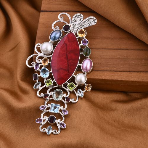 Royal Bali - Rote Koralle, Weiße Mabe Perle Brosche 925 Silber image number 1