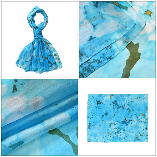 LA MAREY Satinschal aus 100% Maulbeerseide, Blumenmuster, Blau image number 5