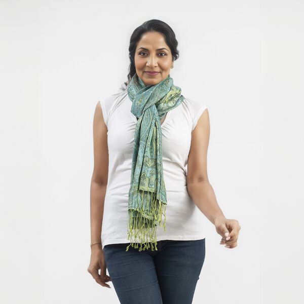 Premium Kollektion - gewebter Schal, 100% Natur Seide, Jamawar Design, 68x190 cm, Gr&uuml;n