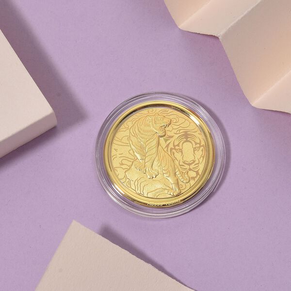 999er Goldm&uuml;nzefolie mit Tigermotiv und Regenbogen-Designlinie, ca. 30 mm, ca. 100 mg image number 1