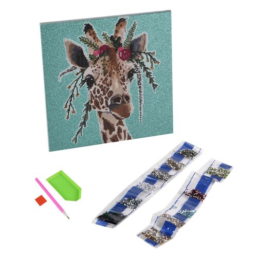 DIY Diamond Painting Leinwand Katze, mehrfarbiges Motiv mit Glitzerakzenten, inkl. MDF-Rahmen, Klebemotiv, Diamanten, Stift, Wachs, Aufbewahrungsbox, 29x29?cm, Giraffe image number 0