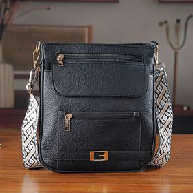 Crossbody-Tasche mit gewebtem Schulterriemen und Reißverschlussfächern, 24x28 cm, Tiefschwarz