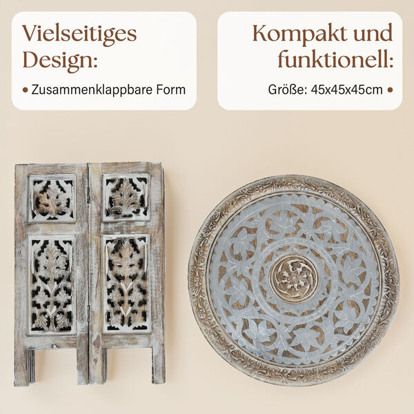 Handgefertigter Couchtisch aus Mangoholz mit Metallprägung, Burn-Finish und kunstvoller Schnitzerei, 45x45x45cm, Weiß image number 4