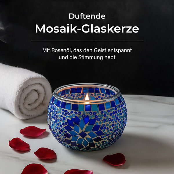 Duftkerze, Mosaikglas Blau, Rose, Sojawachs, 10x8cm image number 2
