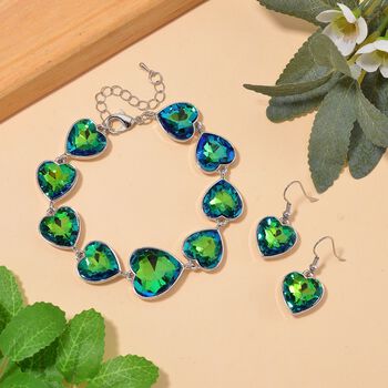 2er Set - Gr&uuml;ner Magie Farbe Kristall Armband und Ohrringe, Silberfarben