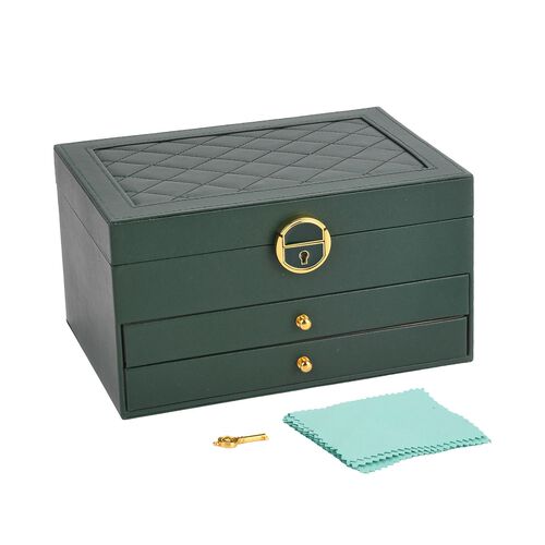 3 layer PU Jewelry box with 5pcs Silver Polish cleaning cloth, 3 layer PU Diamond pattern Jewelry box with 5pcs Silver Polish cleaning cloth; 23x17x13cm(9x7x5.12inch); Material:PU+MDF Green  5pcs Anti Tarnish Silver Polishing Clean cloth double side usag image number 1