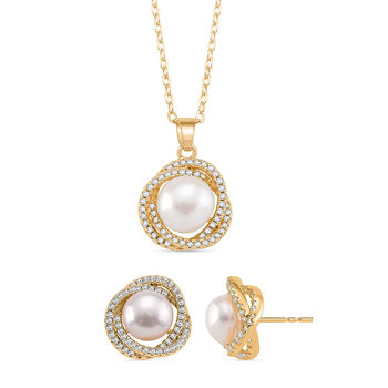 Wei&szlig;er Zirkonia und S&uuml;&szlig;wasserperle Ohrringe und Anh&auml;nger mit 50+5cm Kette