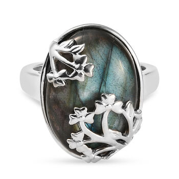 Labradorit Ring Messing Ionenbeschichtetes Platin (Gr&ouml;&szlig;e 19.00) ca. 12,42 ct