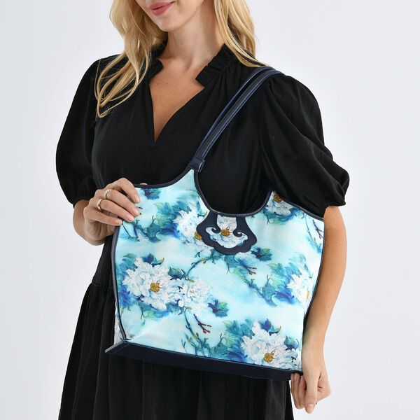 LA MAREY Brokat Handtasche aus Seide und Echtleder, 34x35x11,5cm, Hellblau image number 3