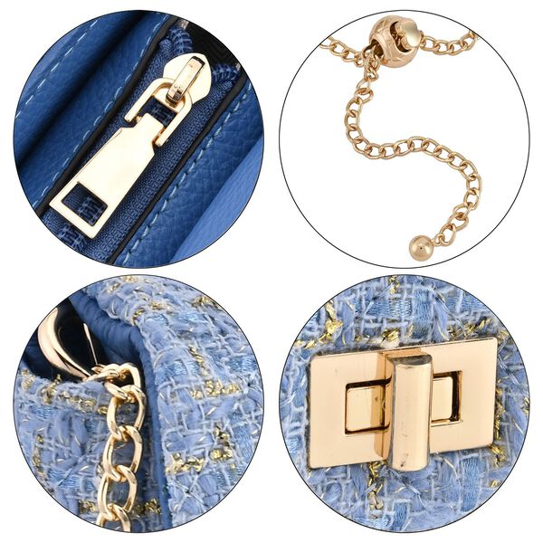 Umhängetasche aus 100% echtem Leder mit Bouclé-Stoff, Blau image number 5