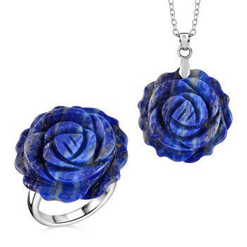 2er Set - Handgeschnitzter Lapislazuli Anh&auml;nger mit Kette und Ring (Gr&ouml;&szlig;e 16.00), ca. 30.00 ct