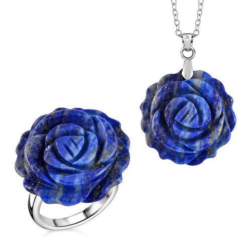 2er Set - Handgeschnitzter Lapislazuli Anhänger mit Kette und Ring (Größe 16.00), ca. 30.00 ct image number 0