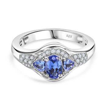 Tansanit und Zirkon Ring 925 Silber platiniert (Gr&ouml;&szlig;e 16.00) ca. 0,97 ct
