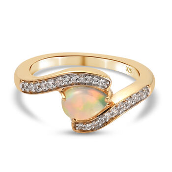 Nat&uuml;rlicher &Auml;thiopischer Opal und Zirkon Bypass Ring 925 Silber vergoldet (Gr&ouml;&szlig;e 16.00)