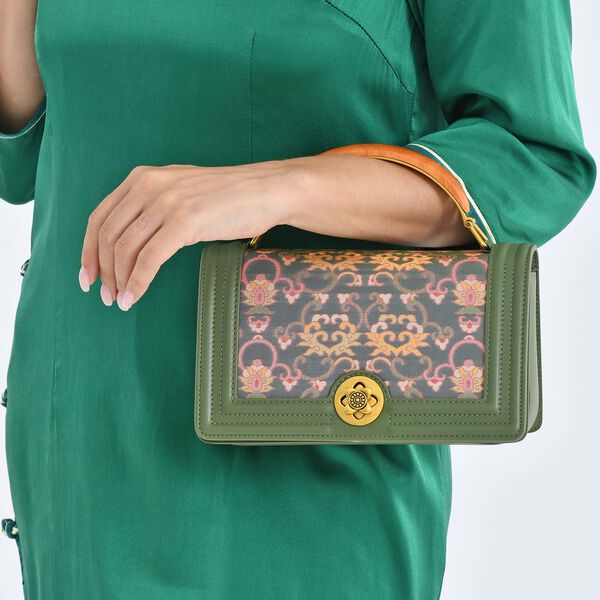 "Brand:La Marey Signature Brocade with Genuine Leather crossbody bag  Color:green Size:23*10*13.5cm Meterial: Wall-Silk/Genuine Leather; Lining-Polyester Exterior:lock-1 Interior: zipped-1,slid-2" image number 2