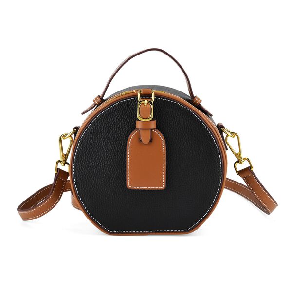 lifestyle-Color:Black with tan ;size/Profile:  Crossbody bag:wall(exterior);Genuine Leather. Lining(interior):polyester  Pockets(exterior):zipped-1;Pockets(interior):pocket-1                                Measurement:11*8*16CM