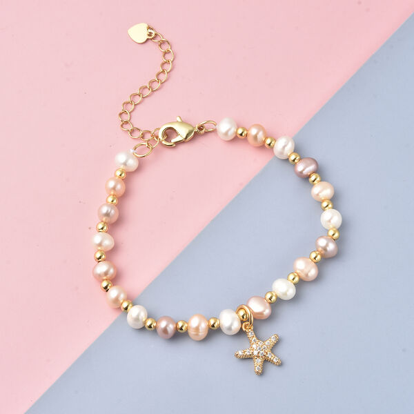 Mehrfarbiges S&uuml;&szlig;wasserperlen und wei&szlig;es Kristall-Armband, 16.5 cm, Reines Messing image number 2