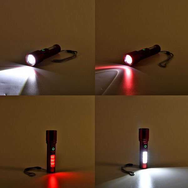 LIVMORE 6 in 1 LED-Taschenlampen aus Metall mit SOS Funktion, wiederaufladbar, 14x3,5 cm, Rot image number 1