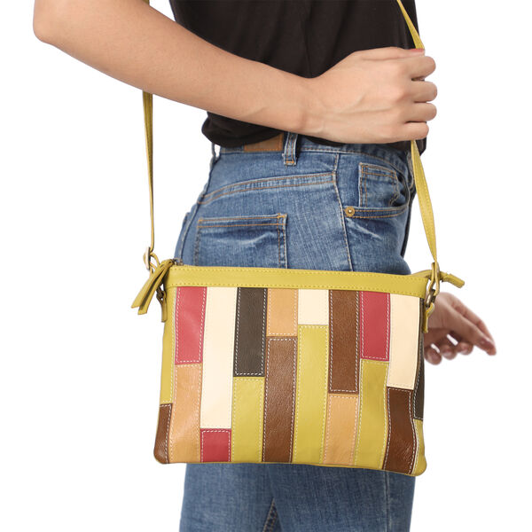 100% echte Leder Patchwork Umh&auml;ngetasche, Gelb image number 3