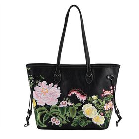 Bestickter Shopper, Kunstleder, Blumen Design, 46 x 15 x 28 cm, Schwarz