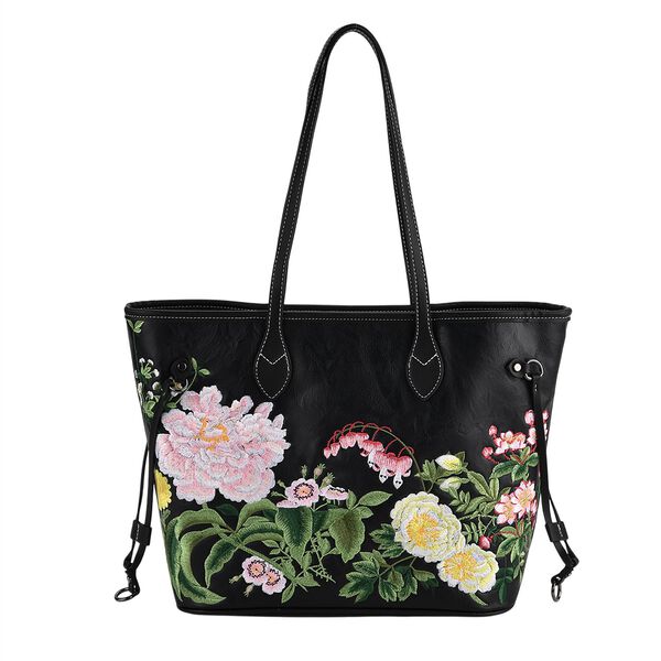 Bestickter Shopper, Kunstleder, Blumen Design, 46 x 15 x 28 cm, Schwarz image number 0