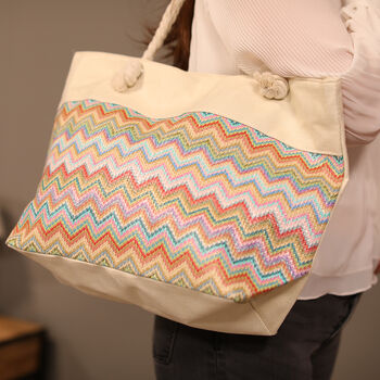 Jacquard Handtasche aus Jute mit Zig-Zag Muster, 51x34x16cm, Pastellfarbig