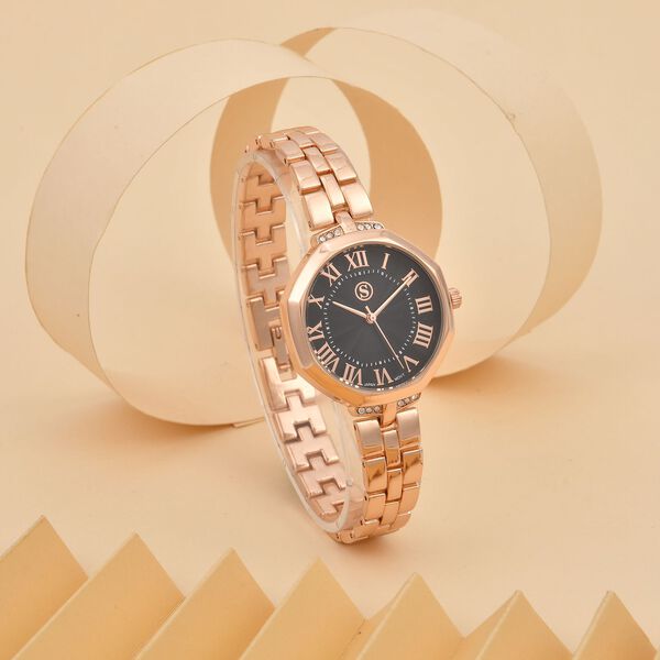 Strada - Kristall Uhr, japanisches Uhrwerk, Edelstahl in Ros&eacute;farbe, schwarz image number 2