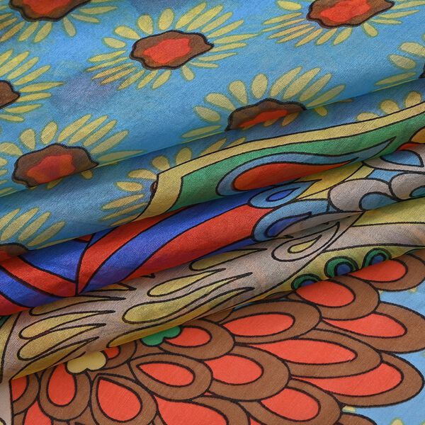 LA MAREY 2er-Set 110x110cm Schal aus 100% Maulbeerseide mit Blumenmuster und Brosch, Blau image number 7