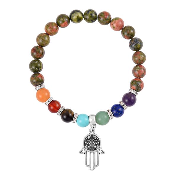 2er Set - Hamsa Hand Anhänger Set mit Mehrfarbigen und Unakite Edelsteinperlen Chakra Halskette und Armband image number 6