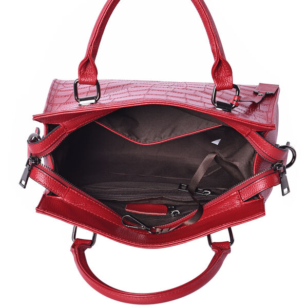 Echtes Leder mit Kroko-Pr&auml;gung Handtasche mit Schulterriemen und Rei&szlig;verschluss, Rot image number 4