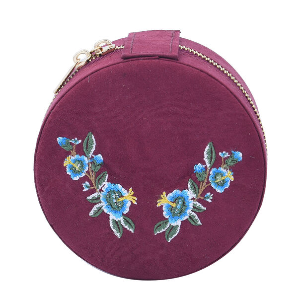 Runder Schmuckkasten mit besticktem Muster und Reißverschluss, Größe 11,3x11,3x5,6 cm, Burgunderrot image number 4