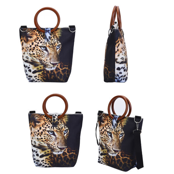 Handtasche mit Holzgriff, Leopardenmuster, Gr&ouml;&szlig;e 32x12x29cm, Schwarz und Braun image number 1