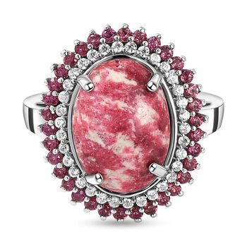 Norwegischer Thulit und Rhodolith Granat-Ring, 925 Silber platiniert (Gr&ouml;&szlig;e 17.00) ca. 7.92 ct