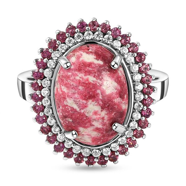 Norwegischer Thulit und Rhodolith Granat-Ring, 925 Silber platiniert  ca. 7,92 ct