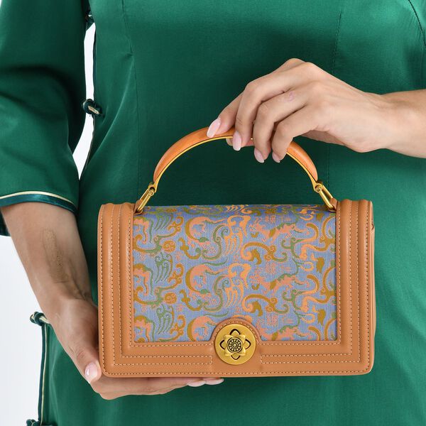 "Brand:La Marey Signature Brocade with Genuine Leather crossbody bag  Color:brown Size:23*10*13.5cm Meterial: Wall-Silk/Genuine Leather; Lining-Polyester Exterior:lock-1 Interior: zipped-1,slid-1" image number 2