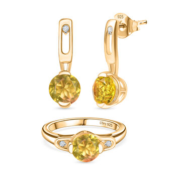 D'Joy Sphaleros Quarz, Wei&szlig;er Zirkon Schmuckset 925 Silber 750 Gelb Vergoldet (Gr&ouml;&szlig;e 17) ca. 4,62 ct.