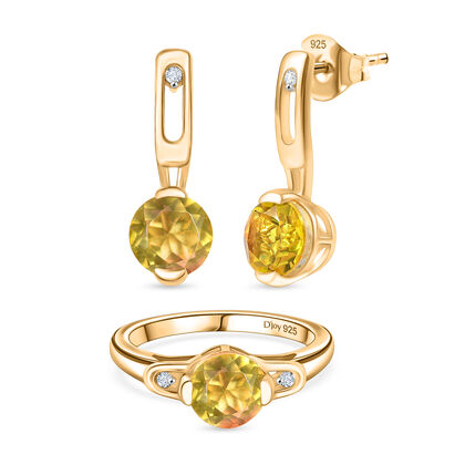 D'Joy Sphaleros Quarz, Wei&szlig;er Zirkon Schmuckset 925 Silber 750 Gelb Vergoldet (Gr&ouml;&szlig;e 17) ca. 4,62 ct.