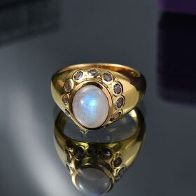 Regenbogen Mondstein, Iolit Ring Messing (Größe 17.00) ca. 3,55 ct