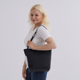 Echtleder-Tote-Bag mit Magnetverschluss-Au&szlig;entasche und ger&auml;umigem Innenfach, 34x14x29 cm, Schwarz