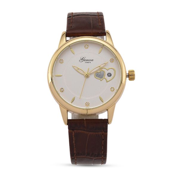 GENOA - Automatik-Armbanduhr mit Herz-Design und Datumsanzeige, Dandong-Uhrwerk, Weißes Zifferblatt, Goldfarben, Brauners Lederarmband, 36 mm image number 0