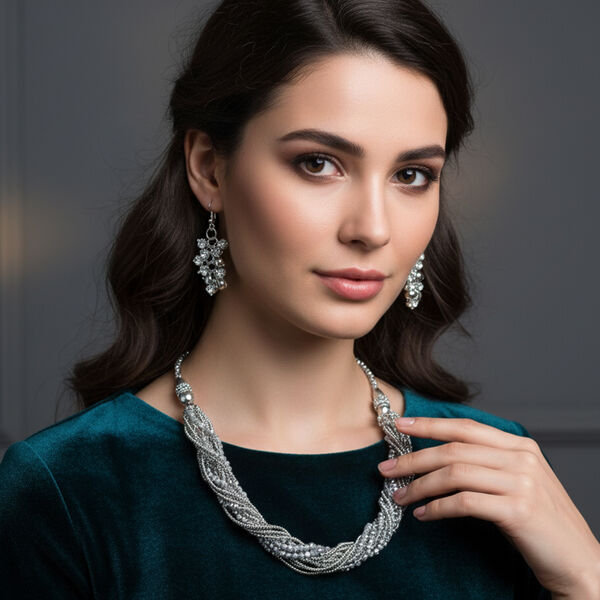 2er Set - Grau Kristall, Wei&szlig;er Kristall Halskette und Ohrringe image number 2