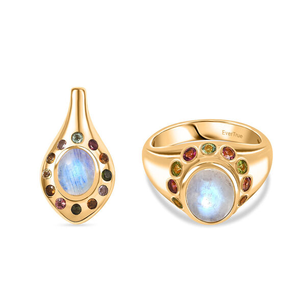 Regenbogen Mondstein und Multi-Turmalin Ring und Anh&auml;nger